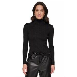 DKNY Women's Ribbed Solid Long-Sleeves Black Turtleneck Sweater L